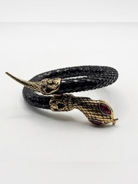 Black Snake Bracelet Arm Coil Serpent Gold Tone Head Tail Red Eyes Vtg DL Auld